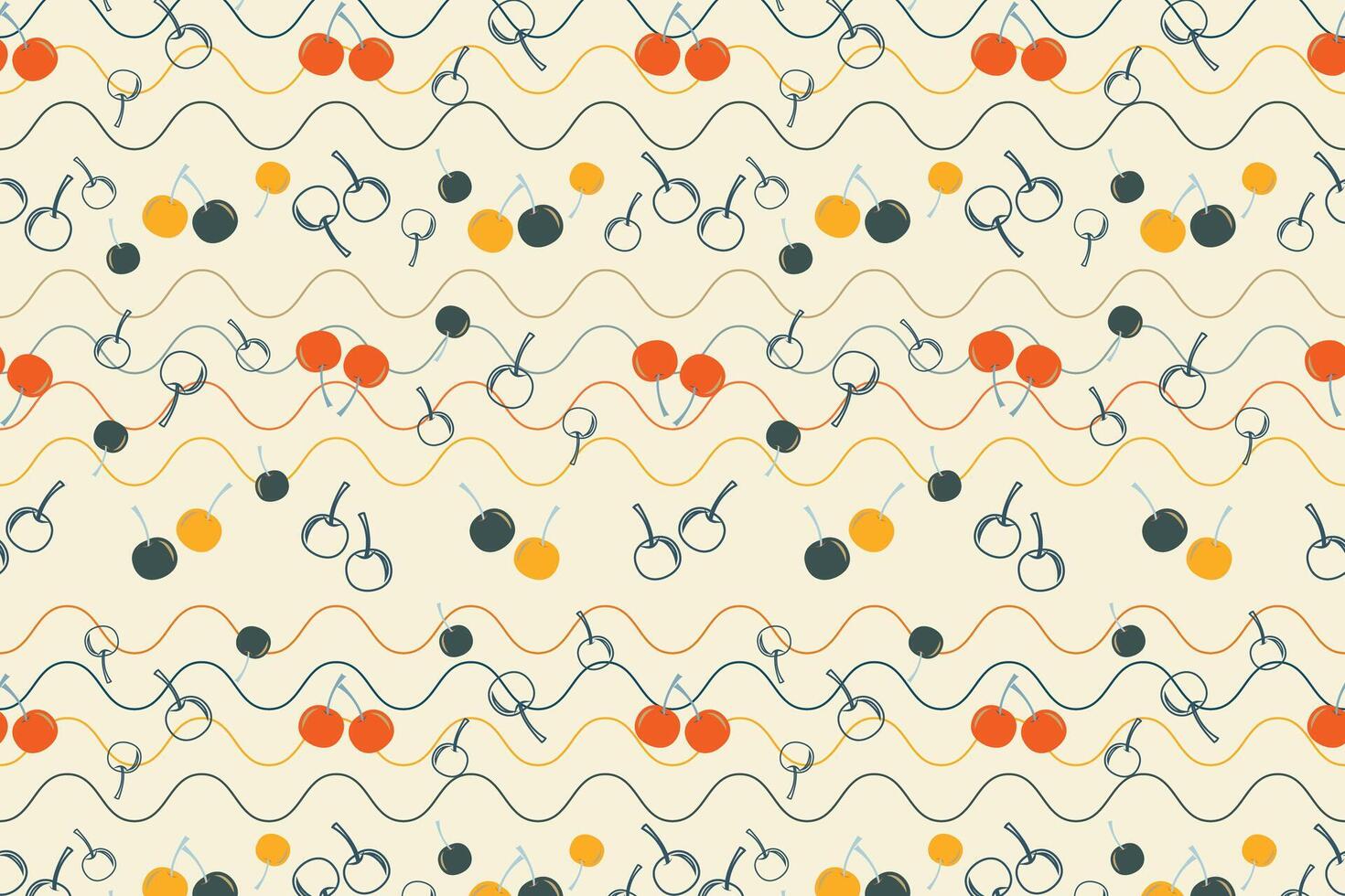 Cherry with wave lines abstract seamless repeat pattern vector