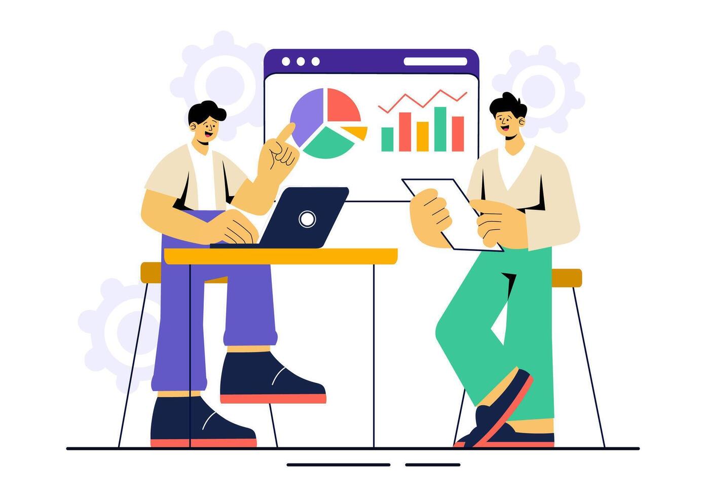 Flat Style Business Illustration of Teams in Discussion and Brainstorming Sessions vector