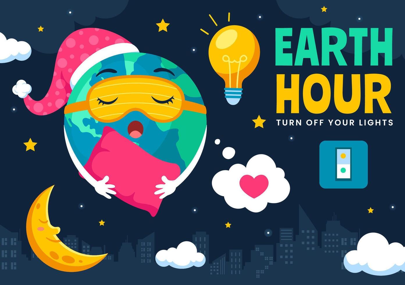 Earth Hour Celebration Illustration with Light Bulb, Cloud, and World Map in a Flat Cartoon Style vector