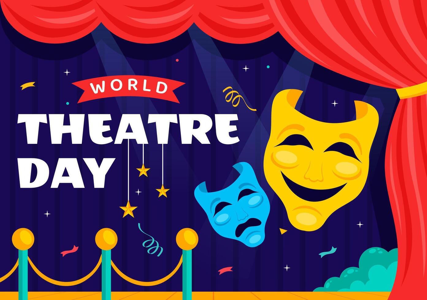 Illustration of Red Curtains and Drama Masks for World Theatre Day in Cartoon Style vector