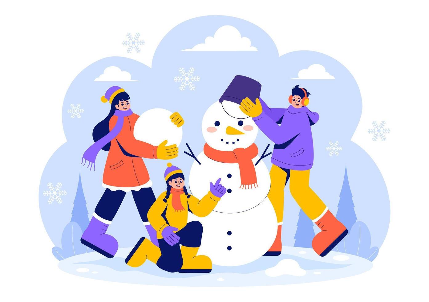 Friends Enjoying Snowy Weather by Building a Snowman in a Cartoon Illustration vector