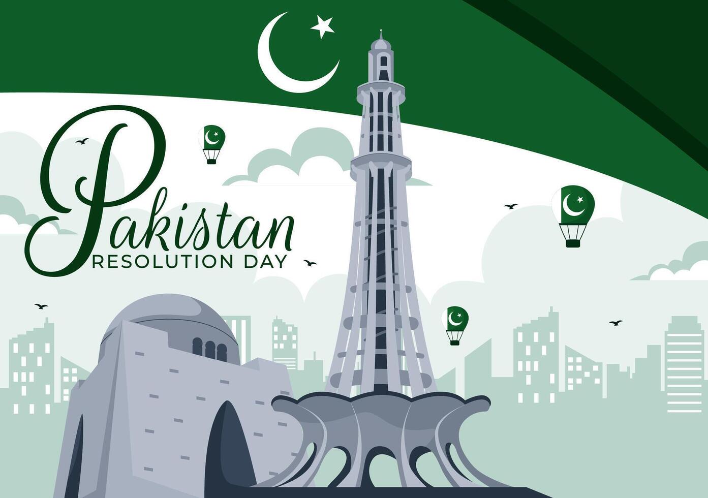 Pakistan Resolution Day Illustration on 23 March with National Flag and Famous Landmarks in a Flat Style Design vector