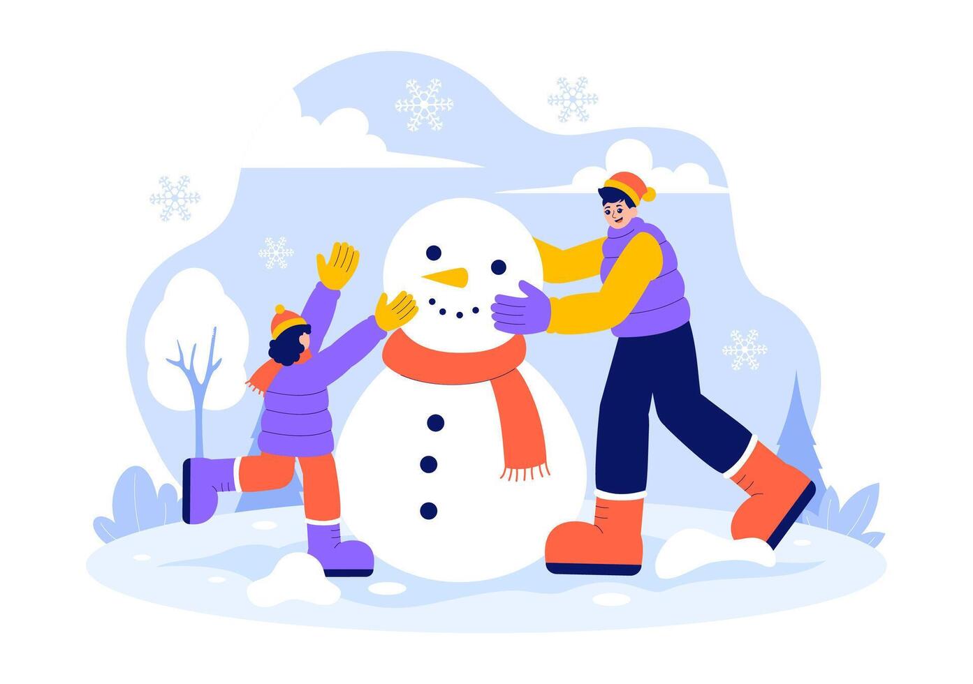 Illustration of People Engaging in Winter Fun by Creating a Snowman vector