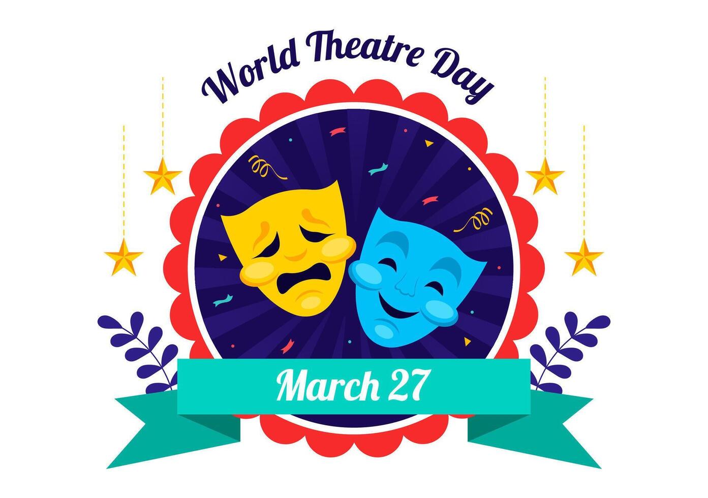 March 27 World Theatre Day Art with Symbols of Performing Arts vector