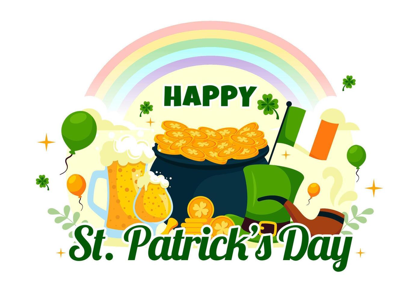 March 17 Irish Holiday Celebration Illustration with Green Hat, Beer, and Shamrock in Flat Cartoon Style vector