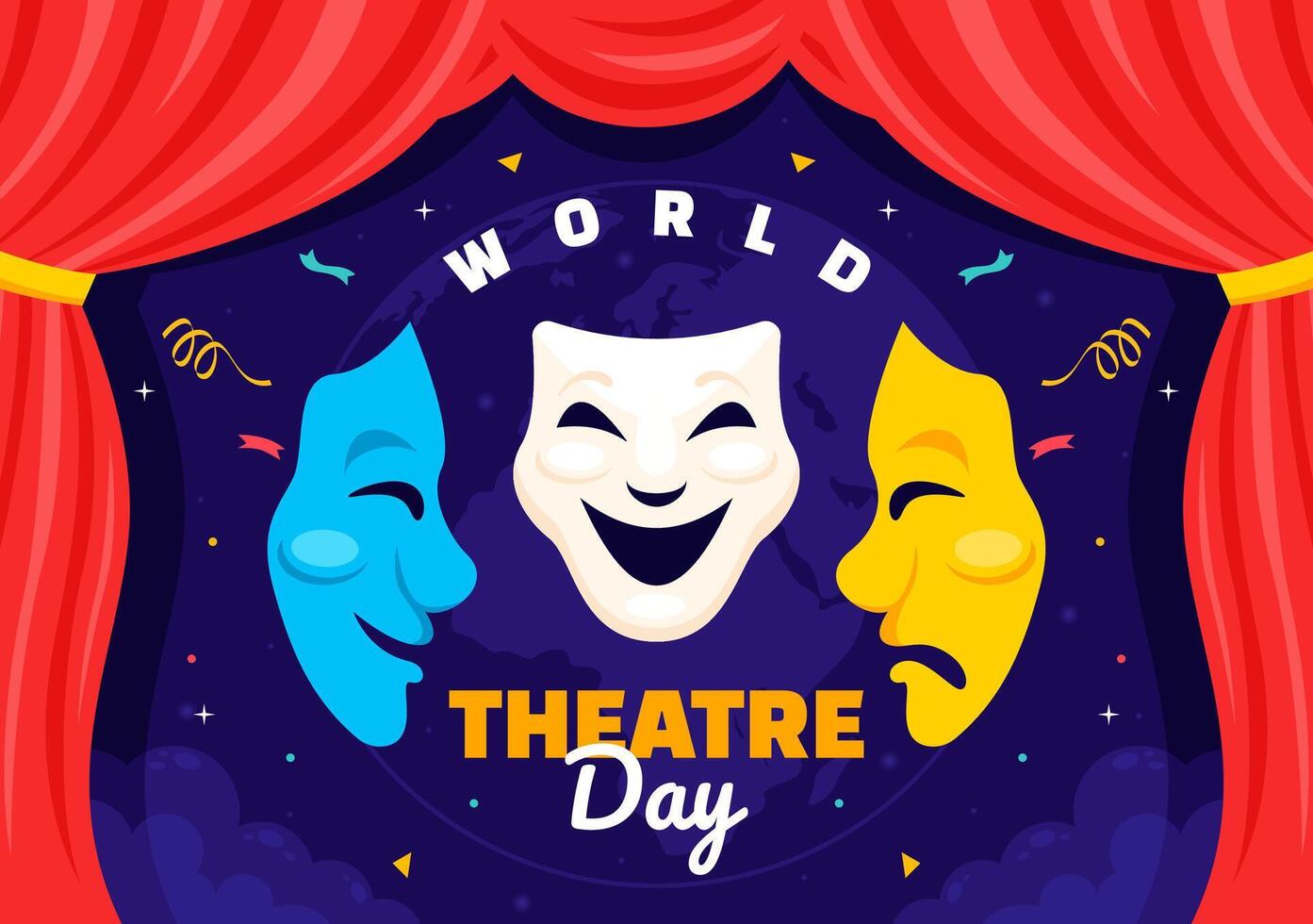 World Theatre Day Celebration with Drama Masks and Stage Elements vector