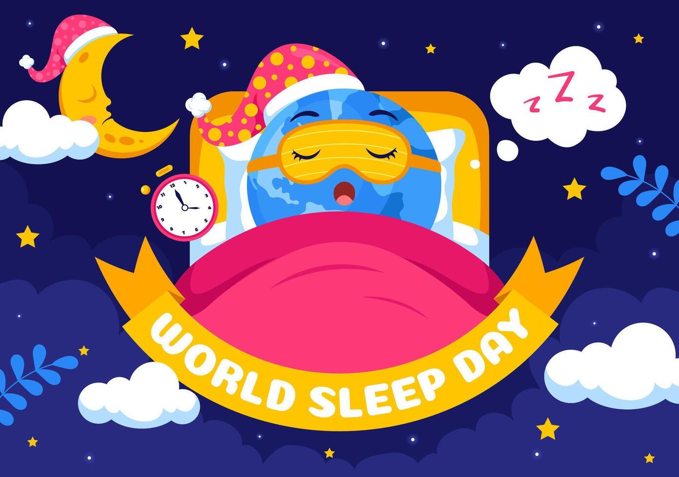 World Sleep Day Cartoon Design with Clouds, Moon, and Planet Earth in a Relaxing Scene vector
