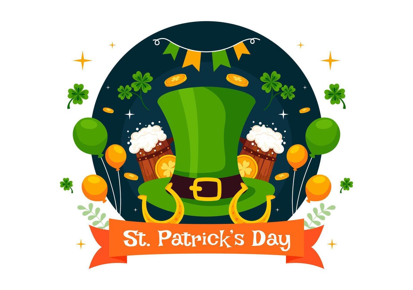 Happy St. Patrick's Day Illustration Featuring Shamrocks, Golden Coins, and a Beer Pub in Flat Style vector