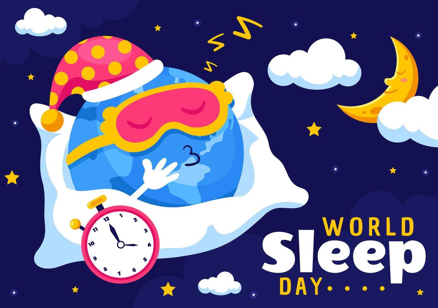 World Sleep Day Celebration with Moon, Clouds, and Relaxing Scenes in Flat Style vector