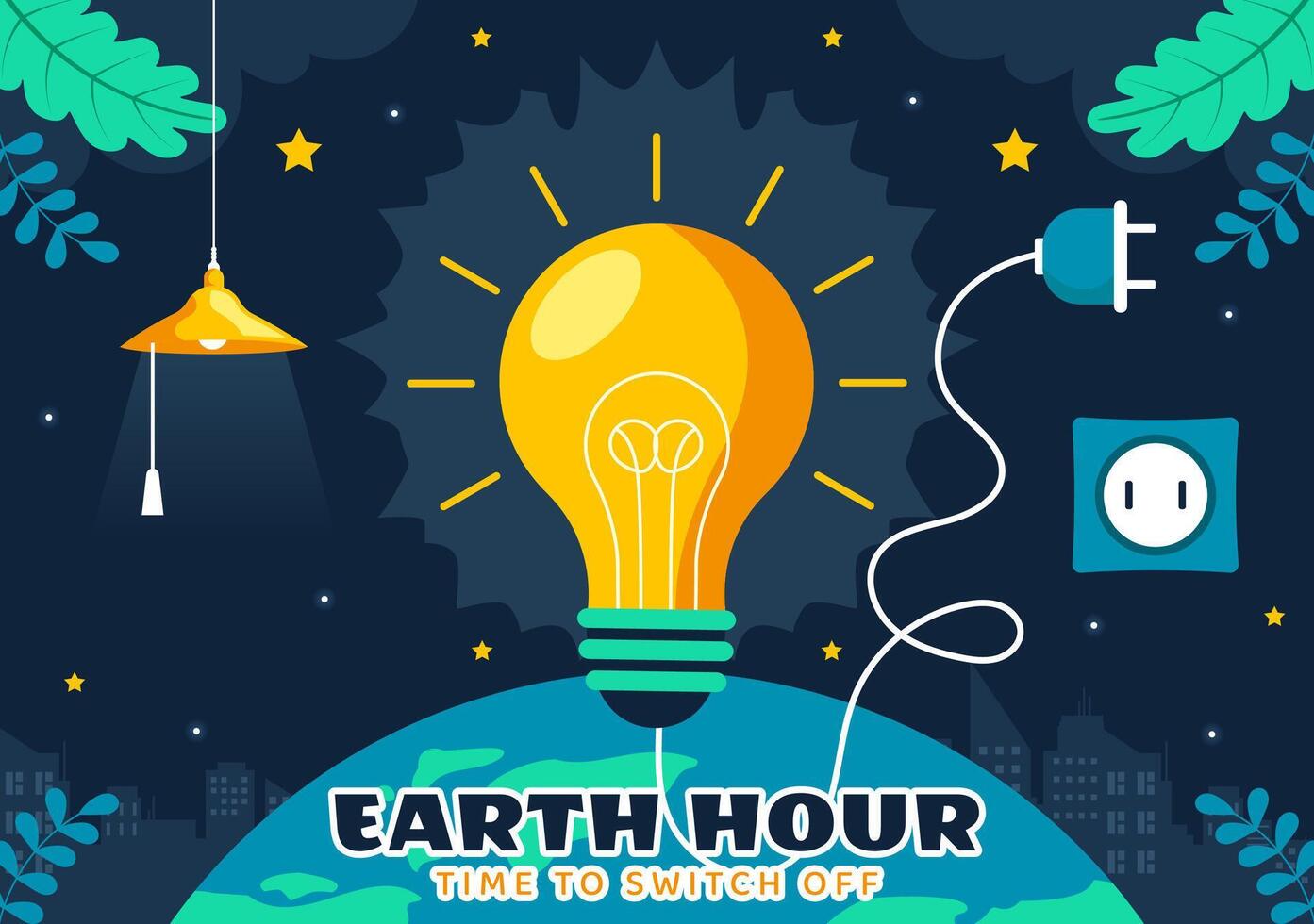 Happy Earth Hour Art Featuring a World Map, Clock, and the Message of Energy Saving in Flat Style vector