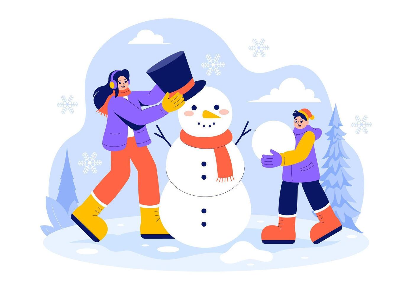 Outdoor Winter Fun with a Group Making a Snowman in a Flat Design vector