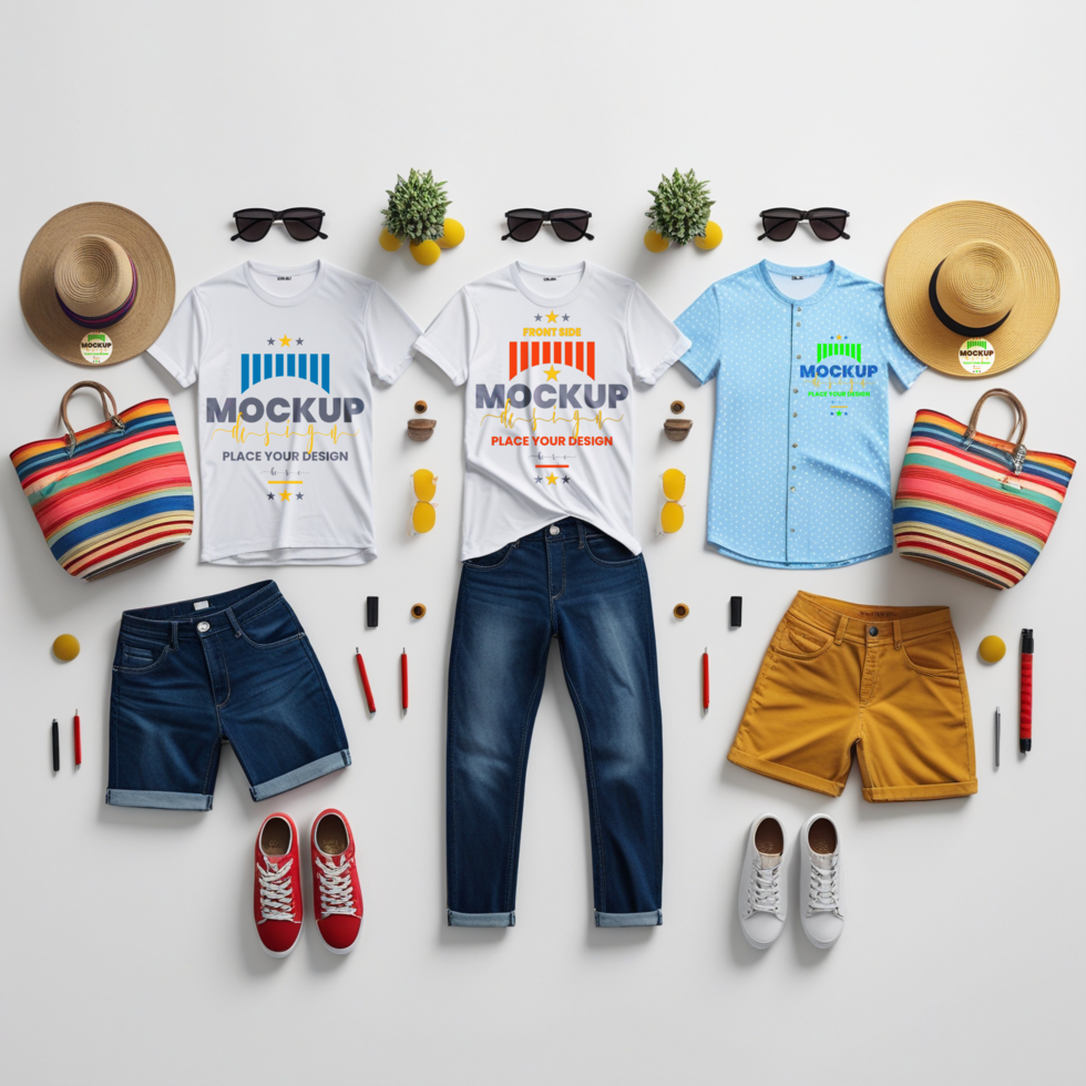 Premium apparel t shirt, shirt and hat mockup template perfect for mockup design in fashion ideas psd