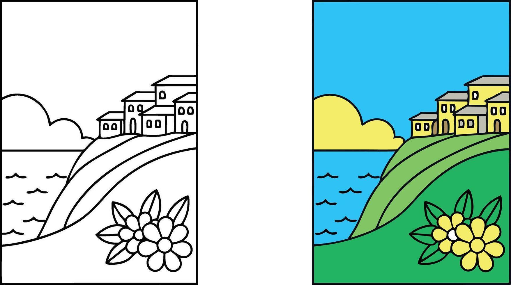 Coastal Village Coloring Page Houses, Sea, Flowers, Hills vector