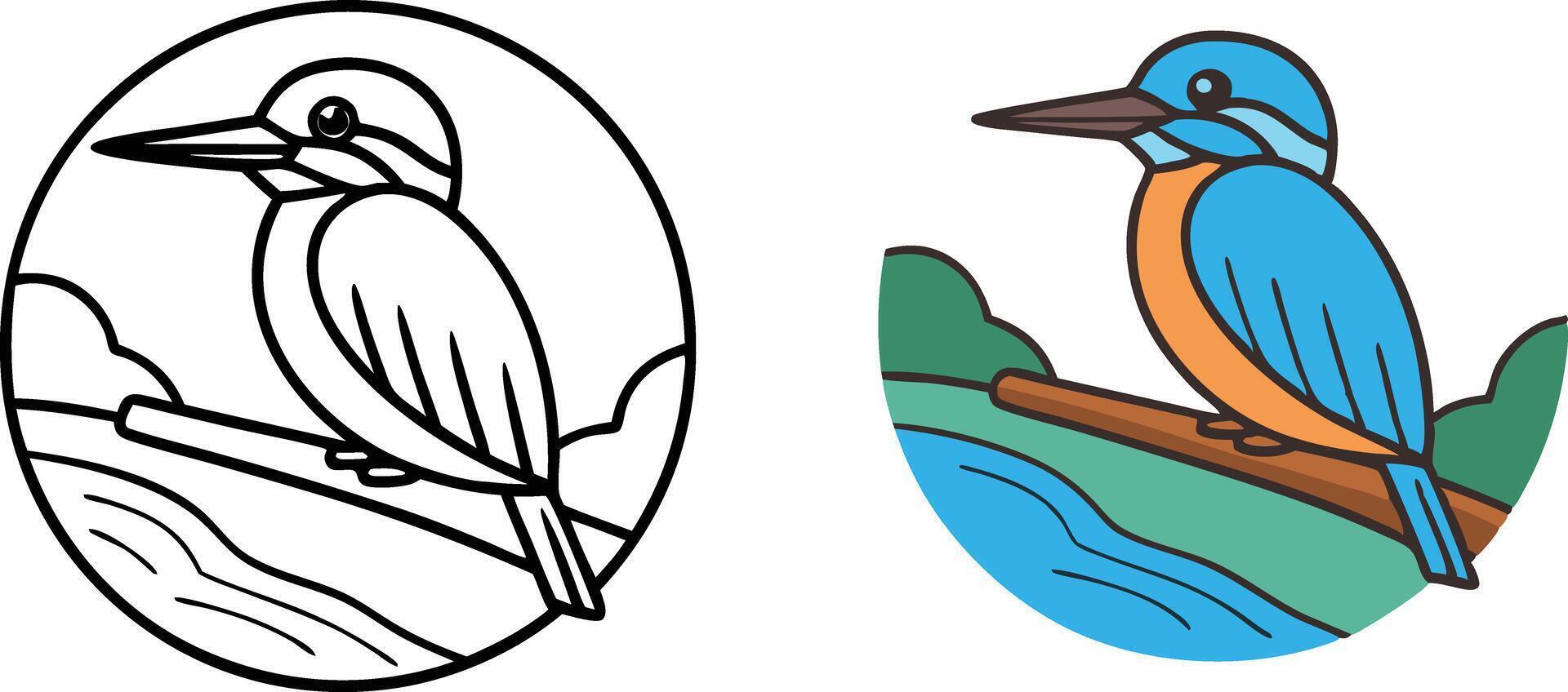 Kingfisher Bird Coloring Page Nature, Wildlife, River, Branch, Illustration vector