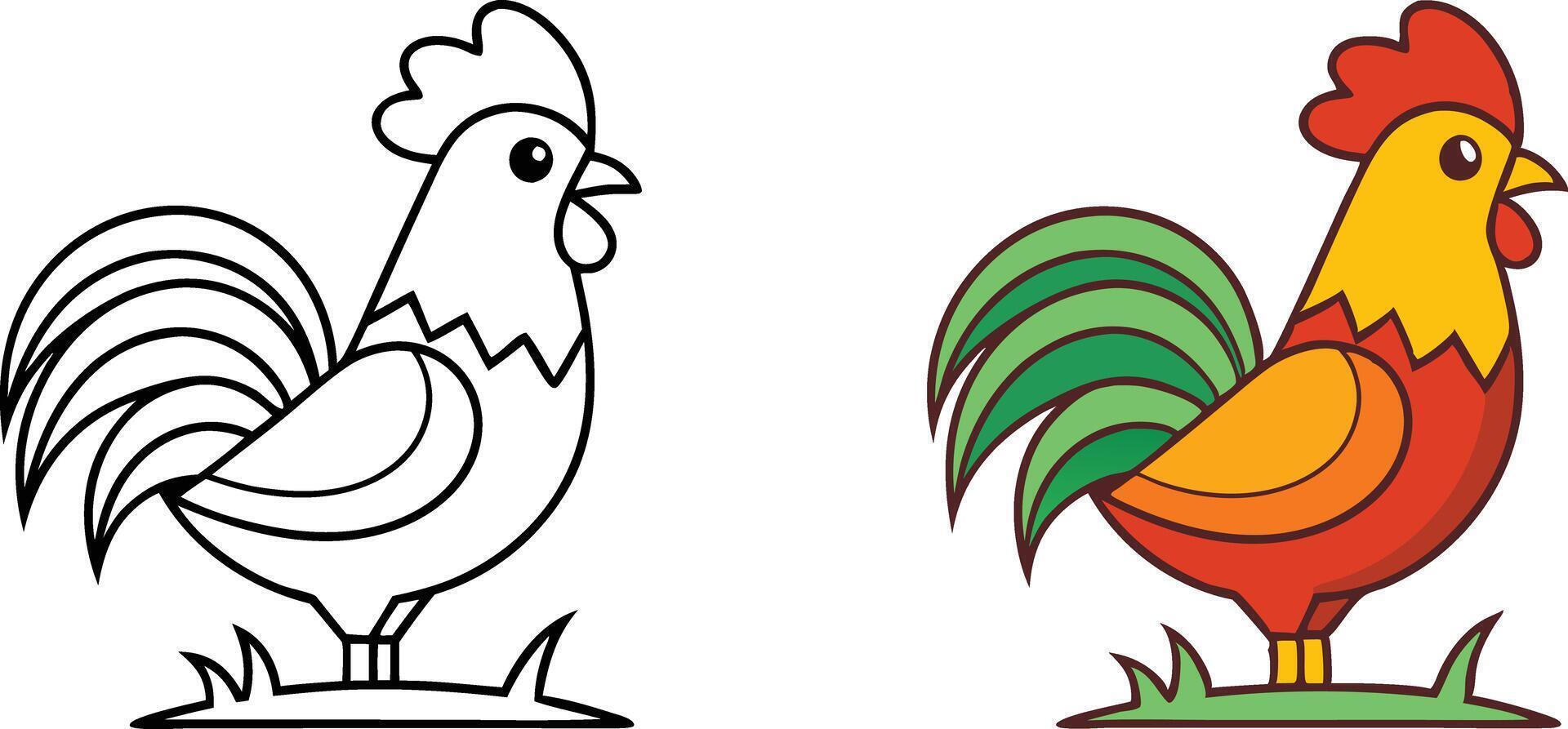 Rooster Illustration Coloring Page, Farm Animal, Bird, Cartoon, Simple Design, Green Tail, Red Comb, vector