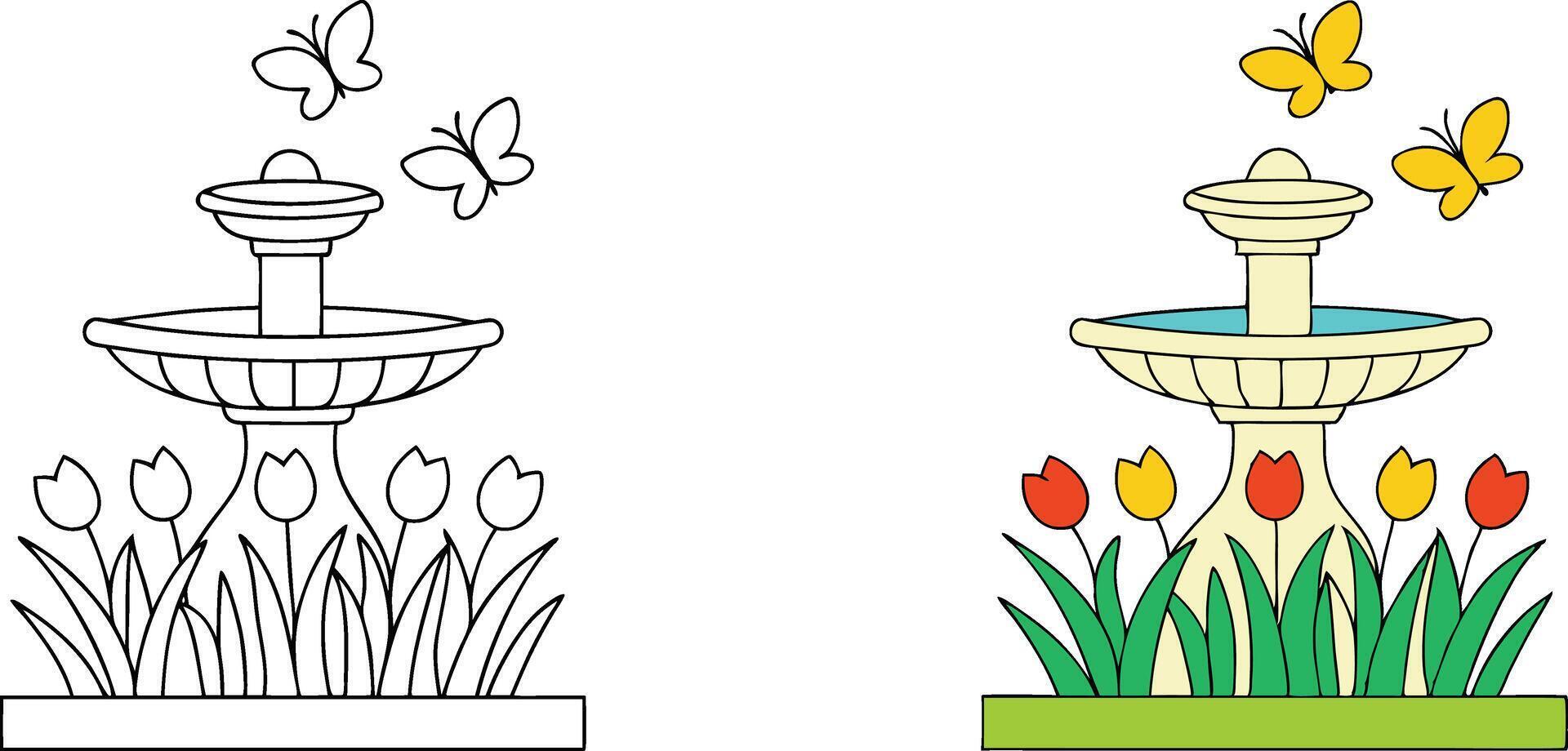 Spring Garden Fountain Coloring Page Tulips, Butterflies, and Water vector