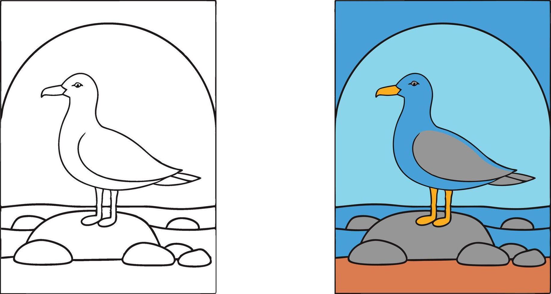 Seagull Coloring Page Bird on Rocks, Ocean, Beach Scene vector