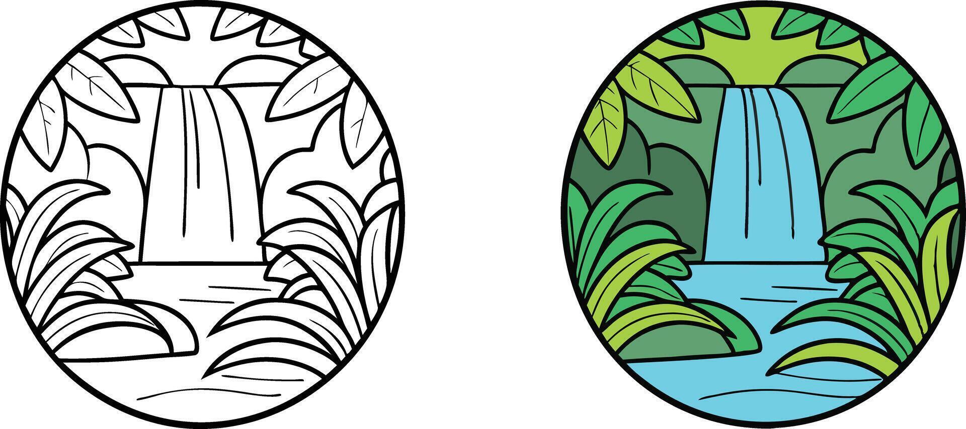 Tropical Waterfall Coloring Page Lush Jungle, Nature Scene vector