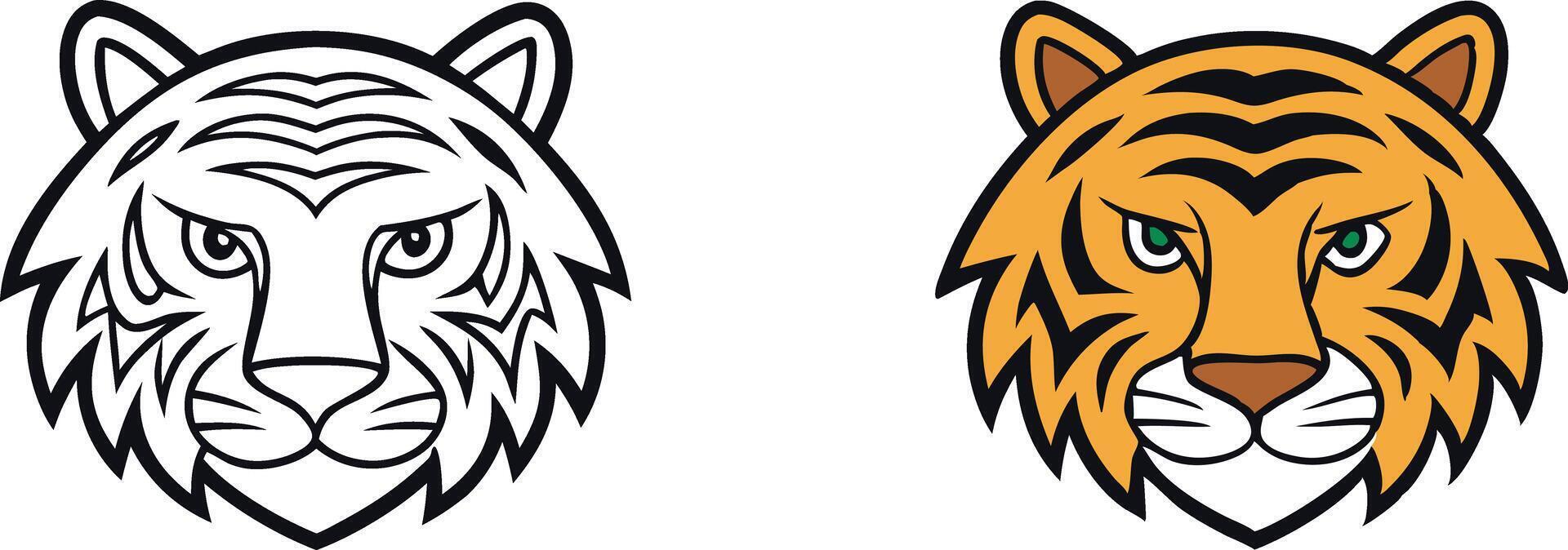 Tiger Head Illustrations Line Art, Colored, Mascot Design vector