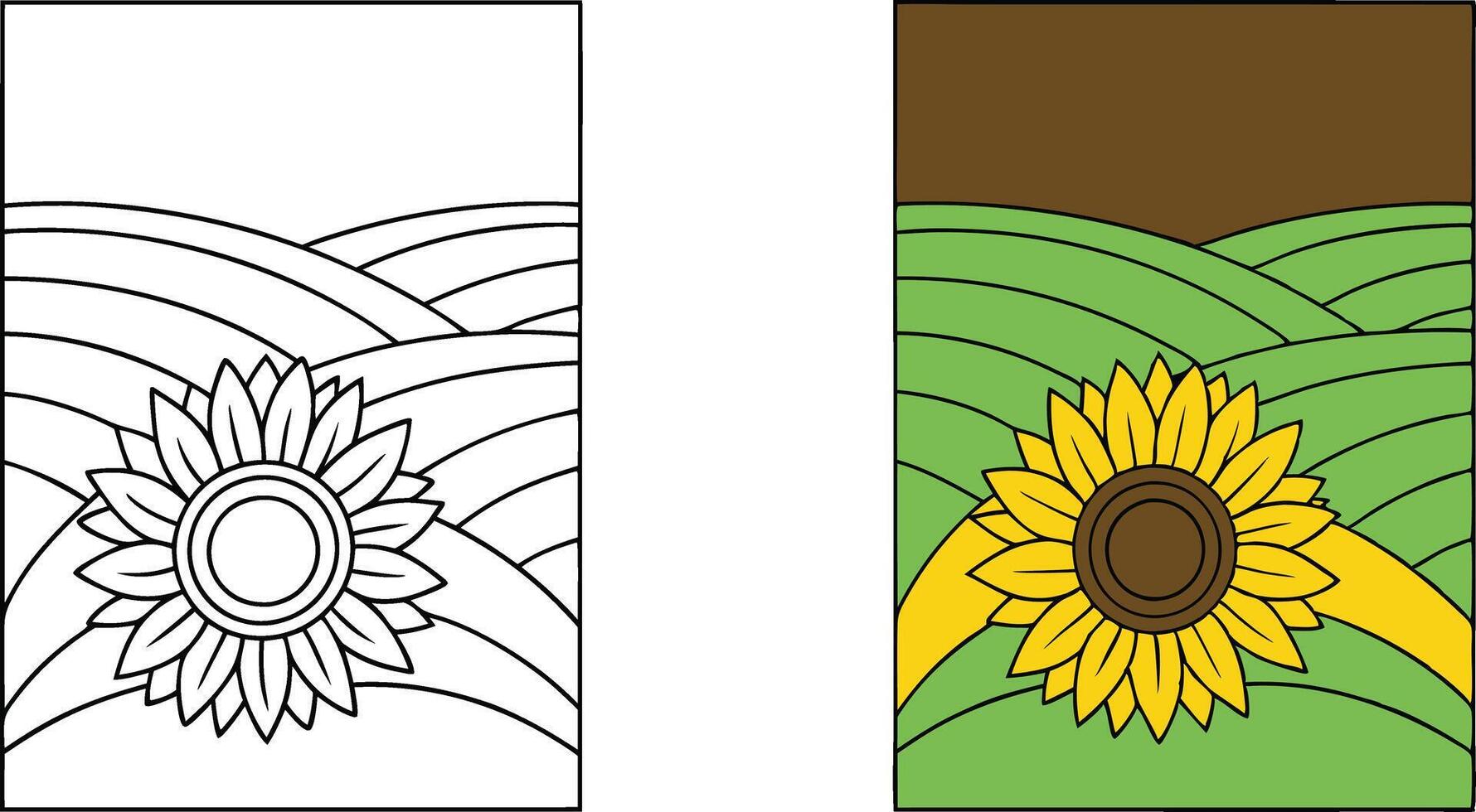 Sunflower Rolling Hills Landscape Coloring Page Design Art vector