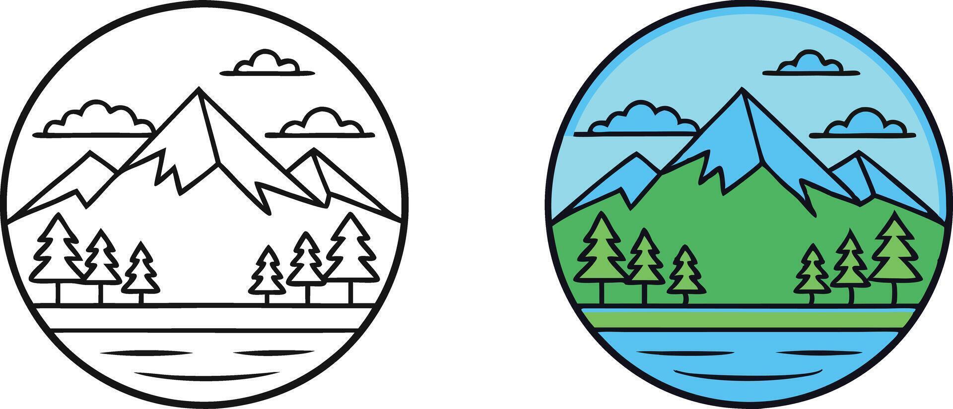 Mountain Landscape Line Art Nature, Peak, Trees, Lake, Sky, Clouds, Outline, Design, Icon, Illustrat vector