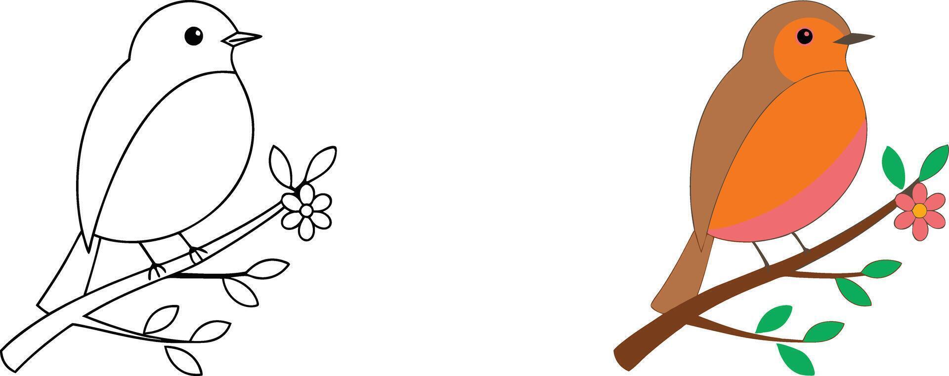 Robin Bird Coloring Page Simple Bird on Branch with Flowers vector