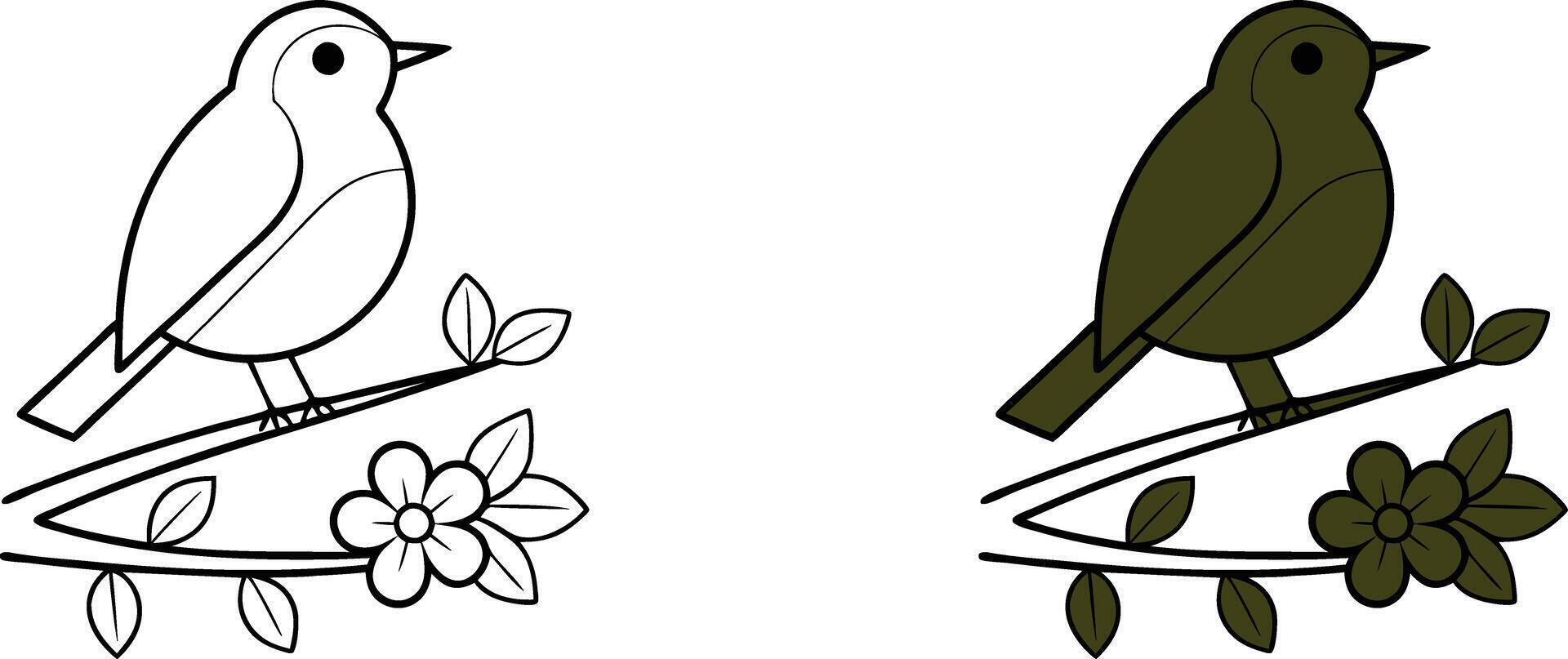 Spring Bird on Branch, Coloring Page, Bird Illustration, Nature, Robin, Flower, Leaves, Simple Desig vector