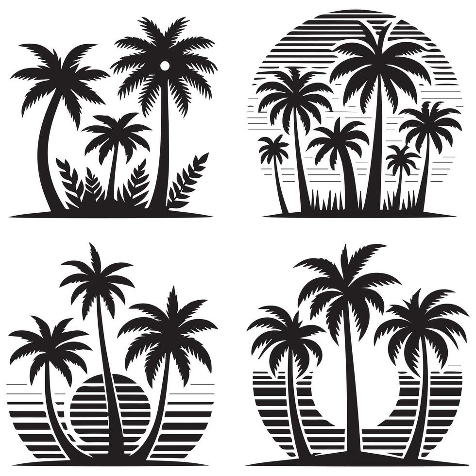 Silhouette of Palm Trees - Tropical Nature Scene Black Palm Tree Design on White Background vector