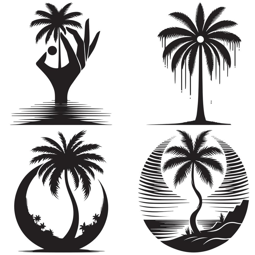 Palm Trees - Tropical Nature Scene with Black Palm Tree Design on White Background vector