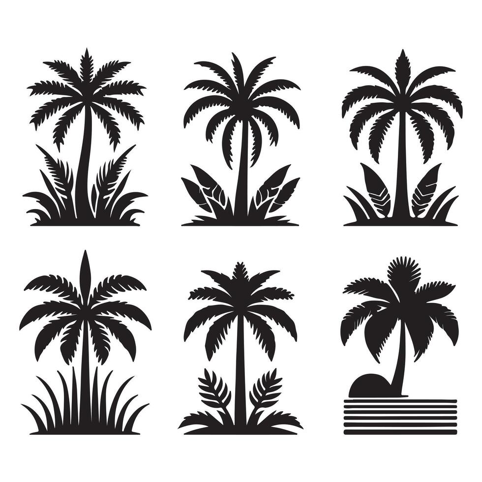 Silhouette of Palm Trees - Tropical Nature Scene with Black Palm Tree Design on White bg vector