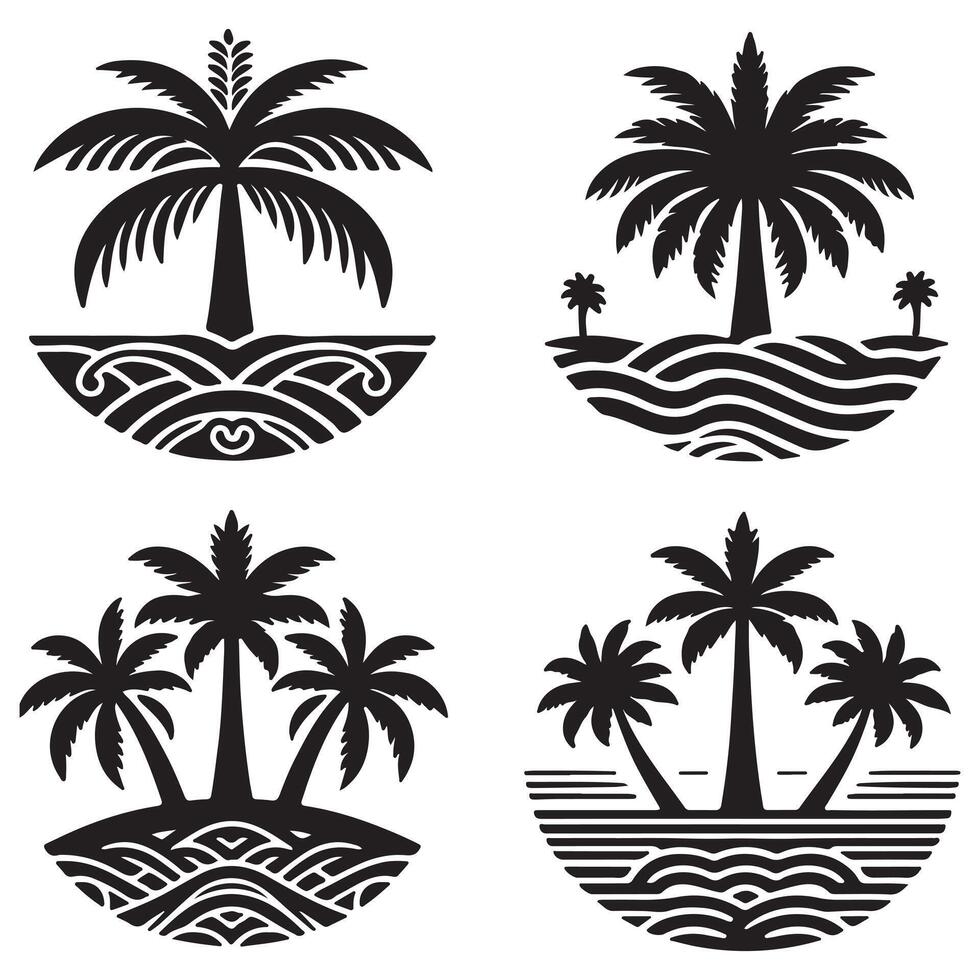 Silhouette Tropical Nature Scene with Black Palm Tree Design on White Background vector