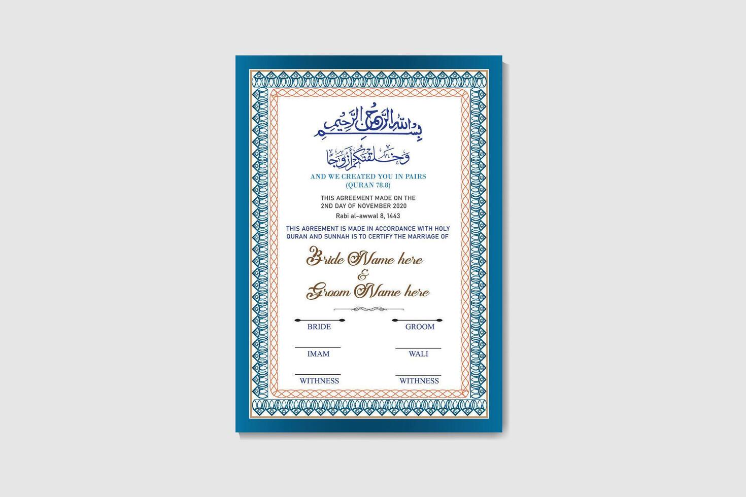 Nikkah Certificate Template Design vector