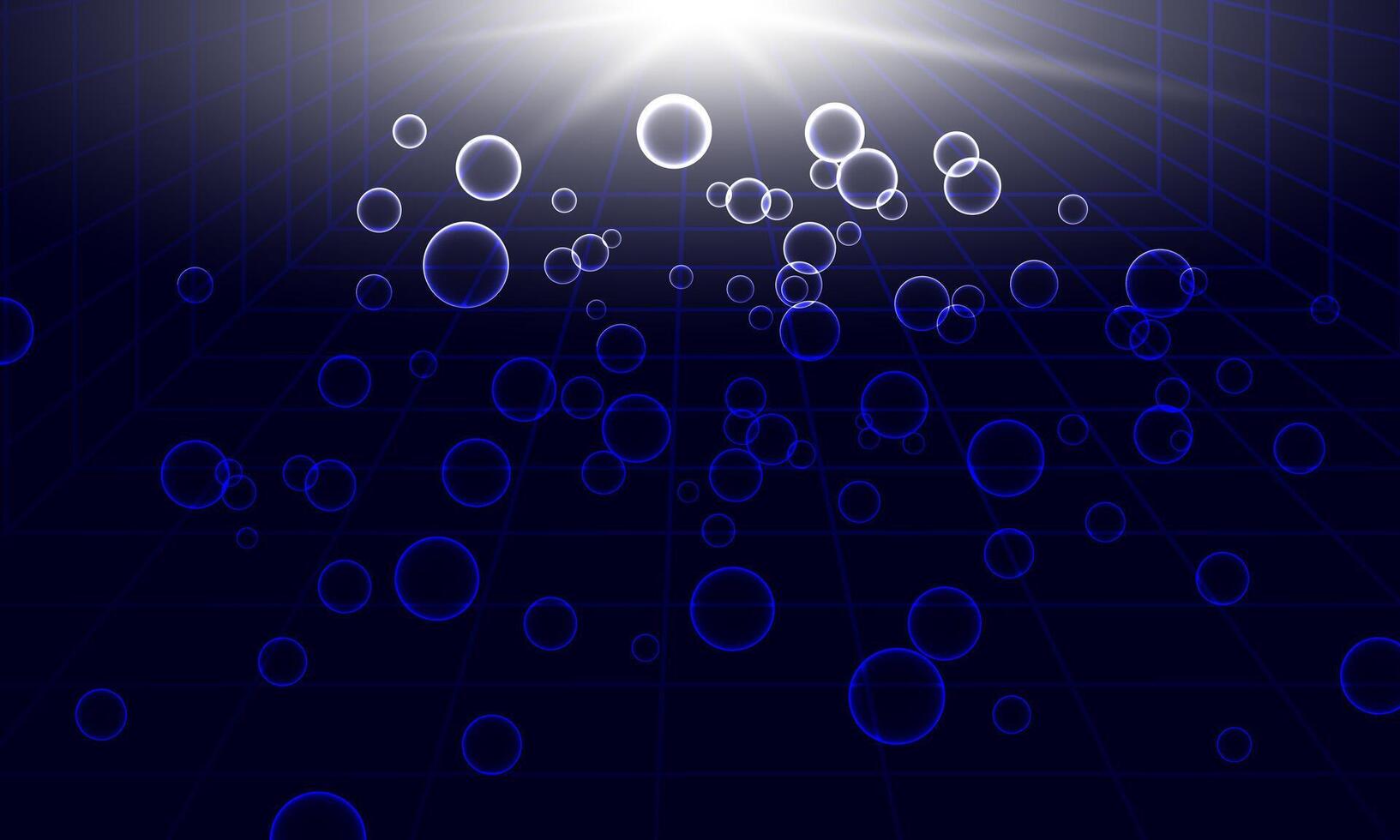 dark abstract background with perspective grid and soft circle bubbles. bright light. vector