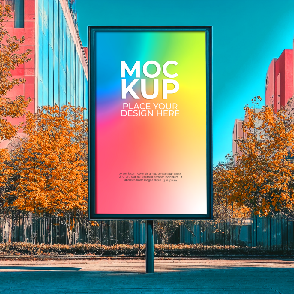 Mockup of a billboard on the street behind trees psd
