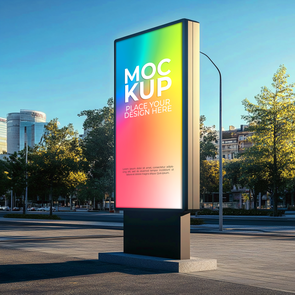 Mockup of a billboard on the street during sunset psd