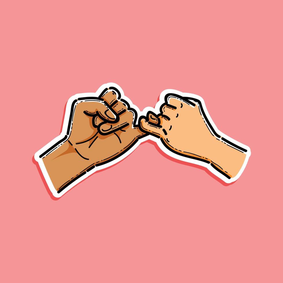 A vibrant illustration depicting two hands locking pinkies, symbolizing a pinky promise and mutual trust. The image features a pink backdrop and highlights themes of trust, bond, and friendship. vector