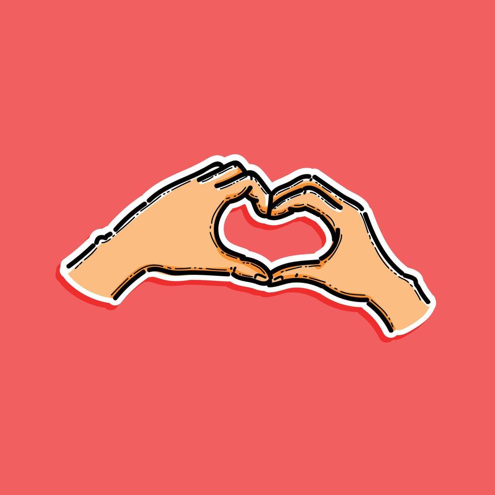 A colorful illustration depicts two hands forming a heart shape, symbolizing love, unity and valentine. The background coral hue, enhancing the overall warm and affectionate theme of the image. vector