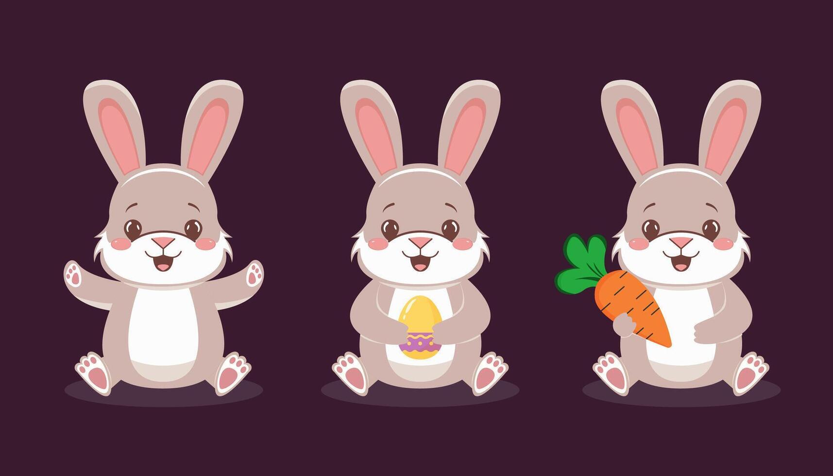 Cute cartoon rabbits with Easter egg and carrot on dark background. vector