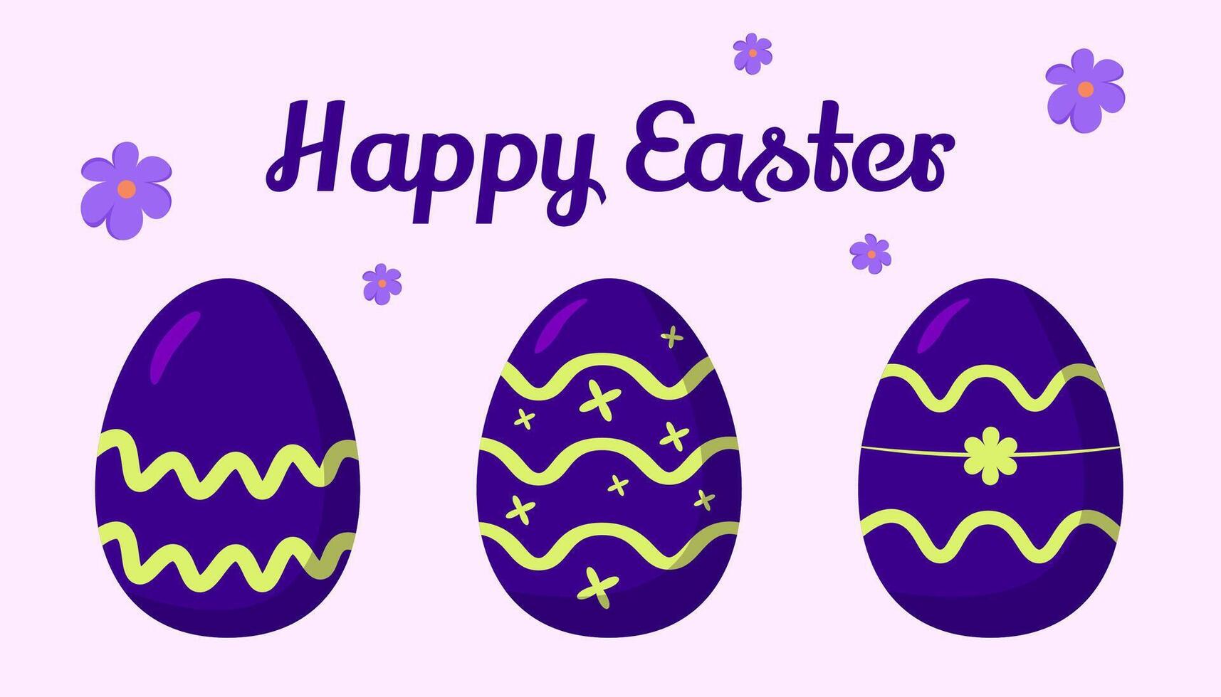 Happy Easter text with purple decorative eggs and flowers on light background. vector