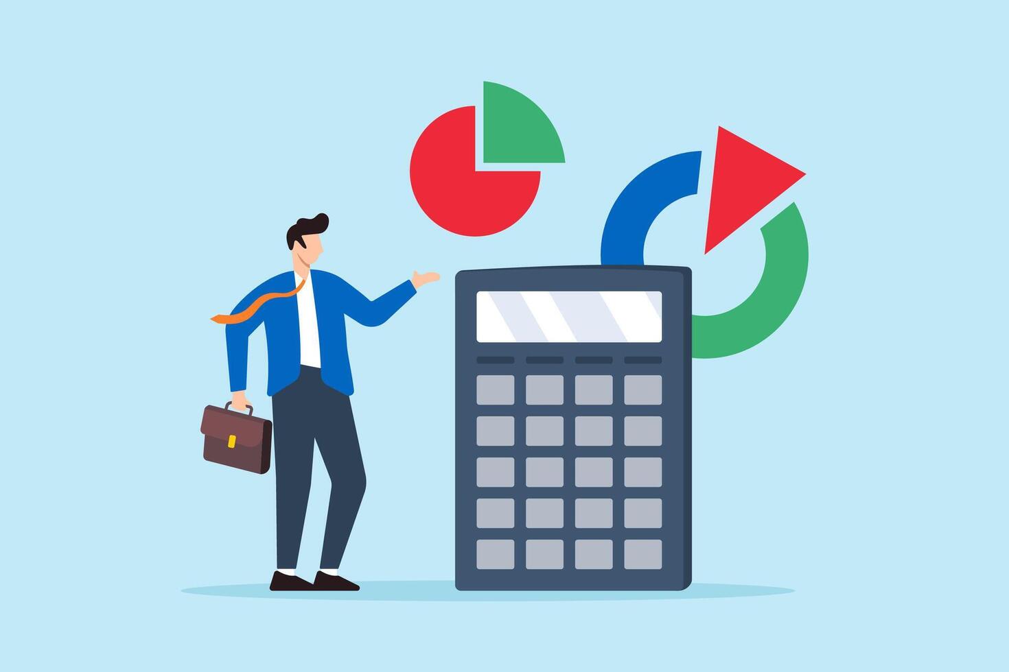 Flat illustration of businessman with calculator and pie chart symbolizing cost structure and budget management vector