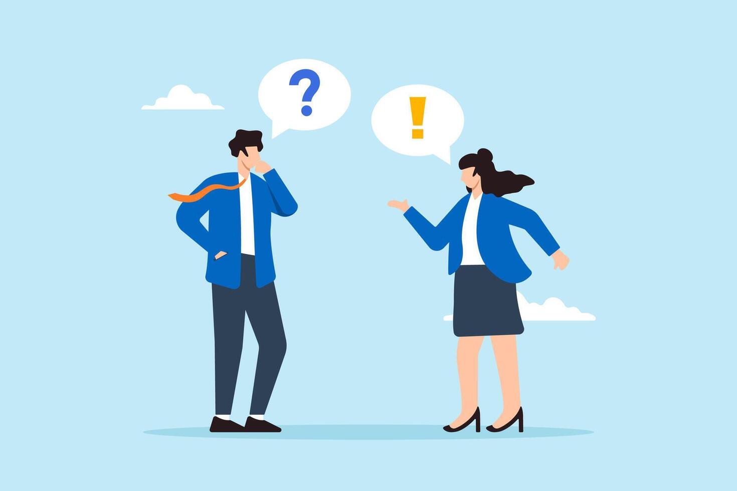 Flat illustration of businessman and businesswoman ask answer with question and exclamation mark engaging in QA session to solve workplace problem vector