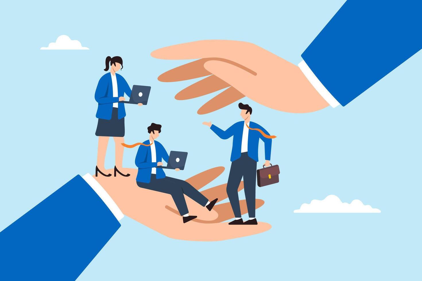 Flat illustration of businessman hand cover employee with symbolizing organization support and worker wellbeing vector