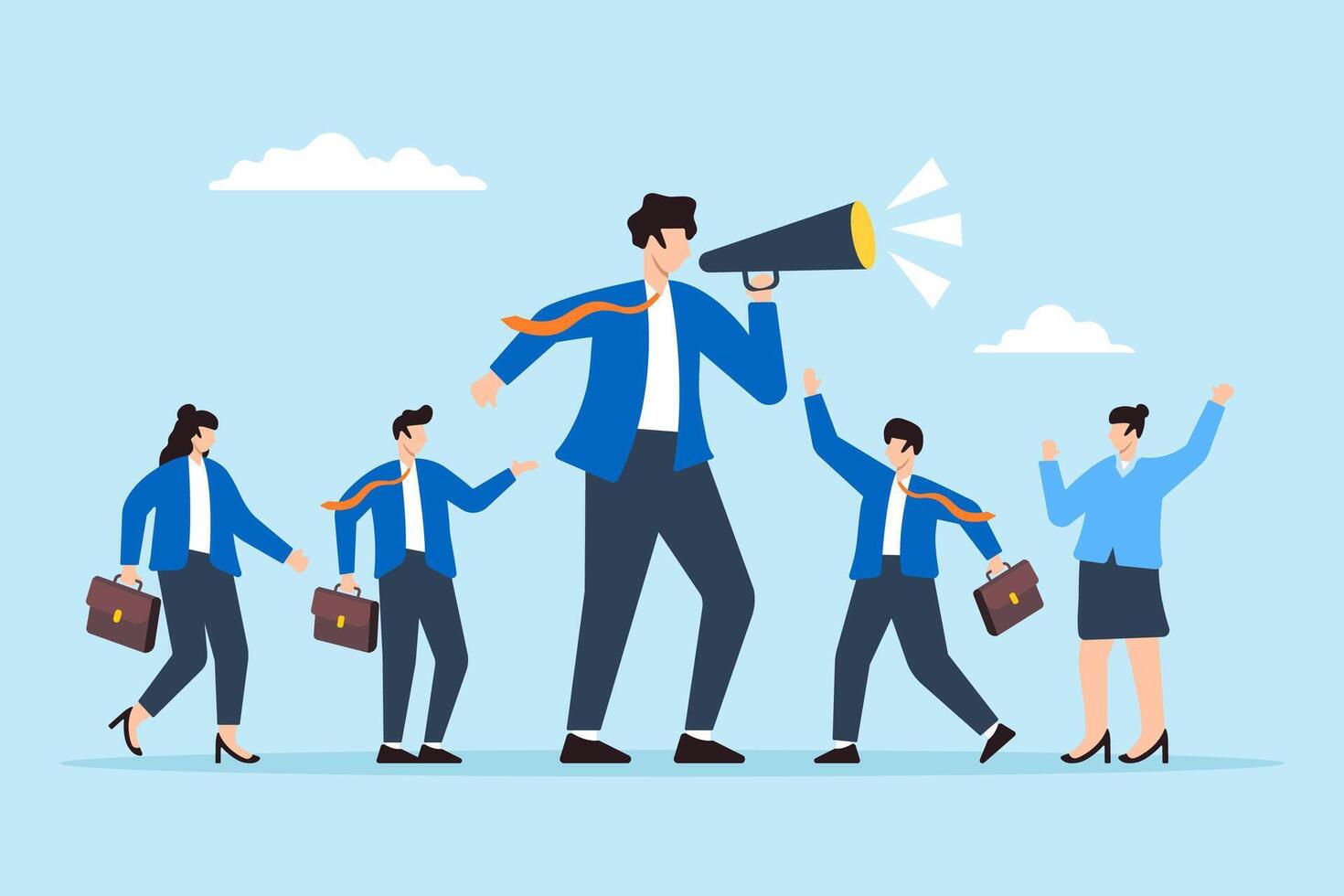 Flat illustration of businessman leader with megaphone guide team toward success motivating them to achieve goals vector