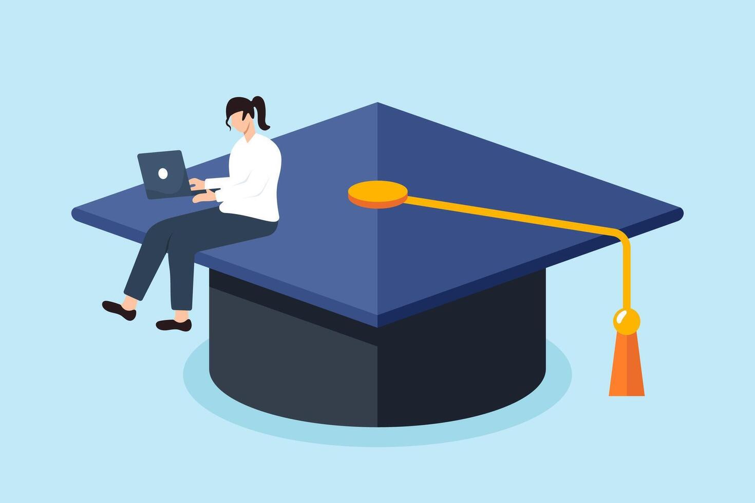 Flat illustration of smart woman study with laptop on graduation cap symbolizing academic achievement and learning vector