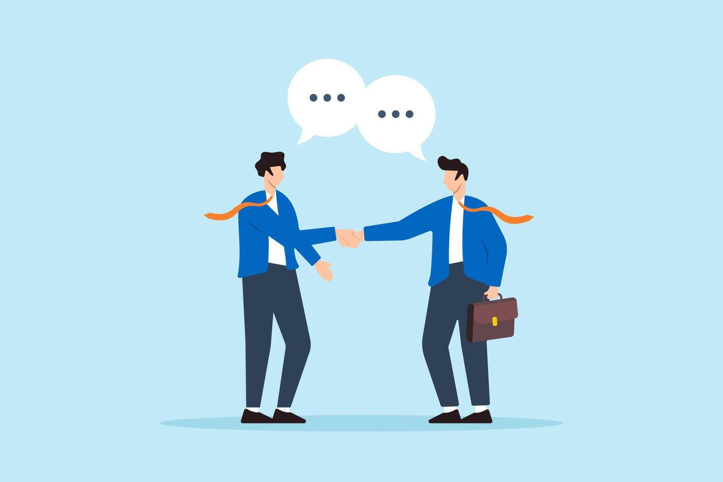 Flat illustration of businessmen shake hand with connecting speech bubble symbolizing communication and agreement vector