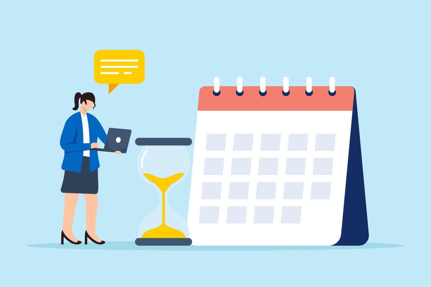 Flat illustration of businesswoman work on laptop with sandglass and calendar managing deadlines for project launch vector