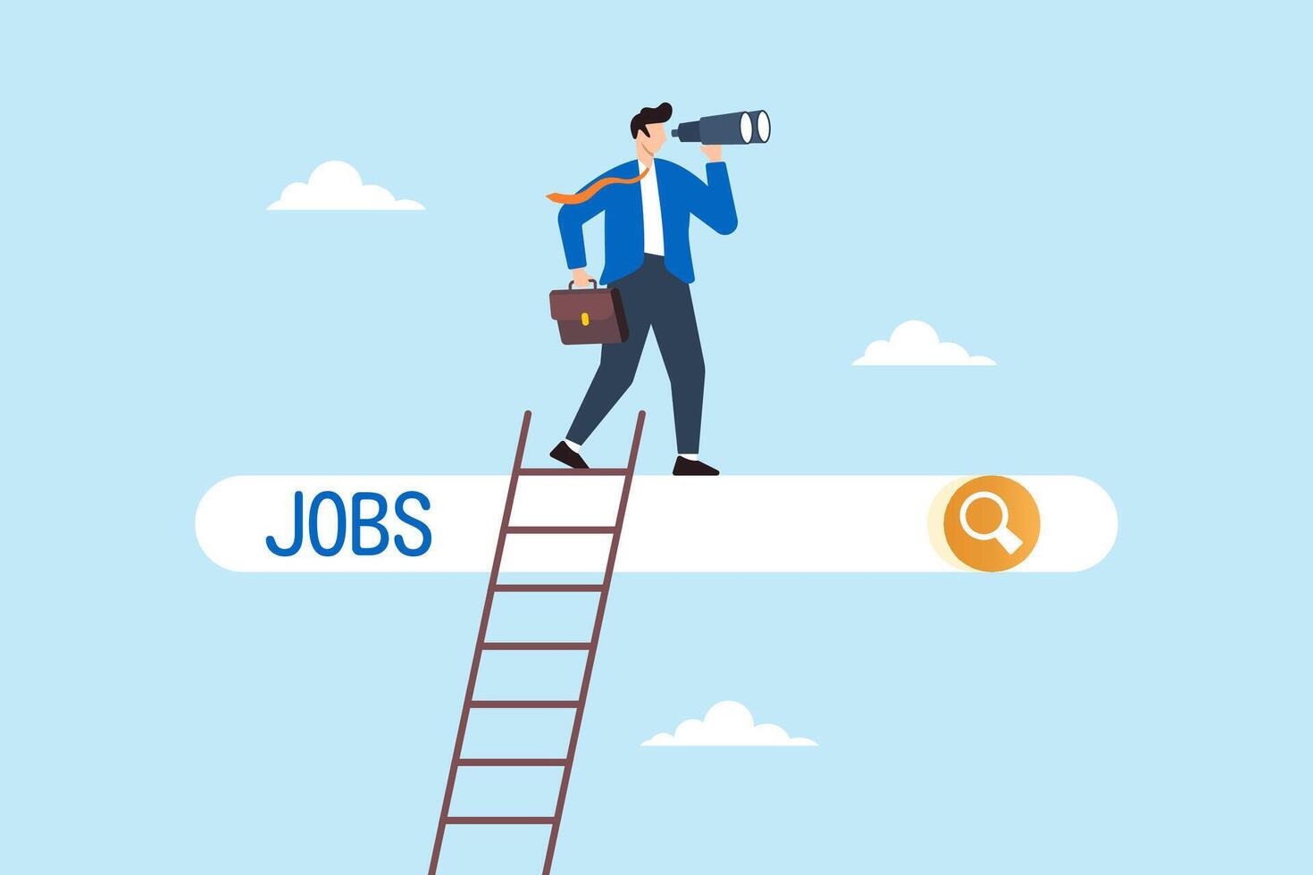 Flat illustration of businessman climb up ladder to job search bar with binocular on sky seeking new employment opportunity vector
