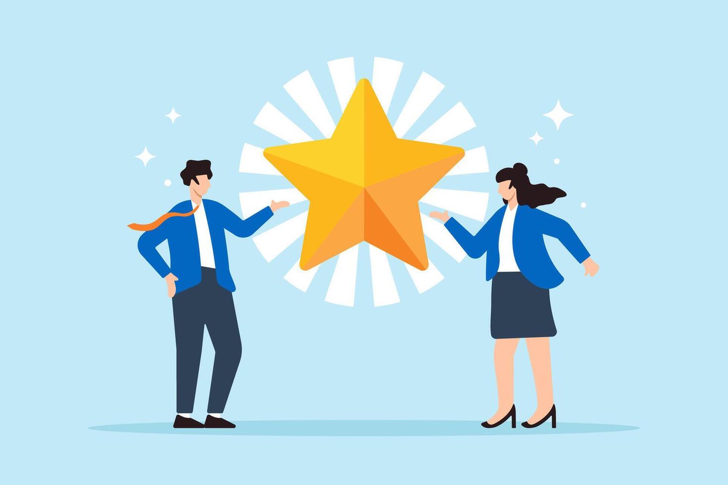 Flat illustration of successful businessman and businesswoman stand with star award symbolizing professional recognition vector