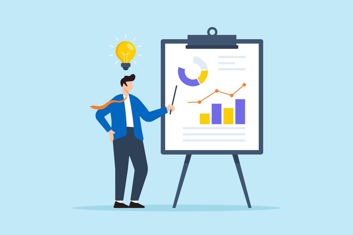 Flat illustration of confident businessman present sales pitch on whiteboard aiming to convince client of idea vector