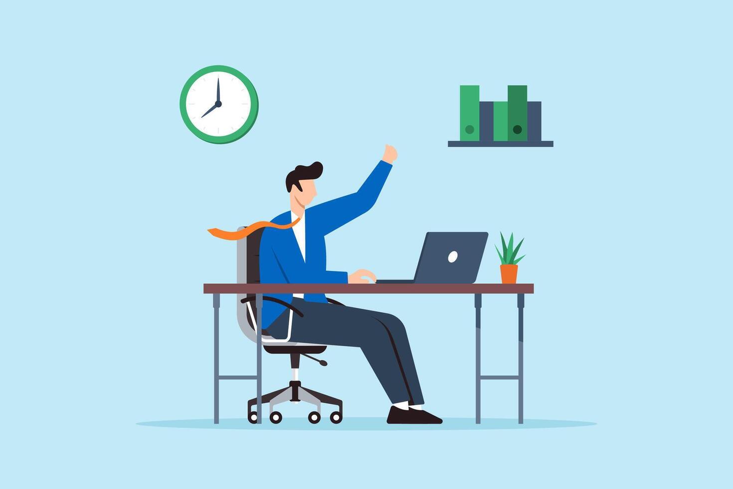 Flat illustration of happy businessman works at office desk enjoying positive atmosphere and career satisfaction vector